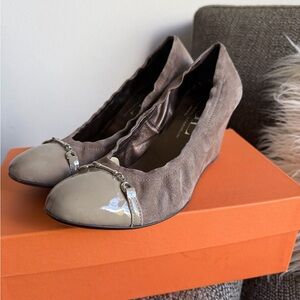 AGL Taupe Suede Wedge Flats with Patent Cap Toe